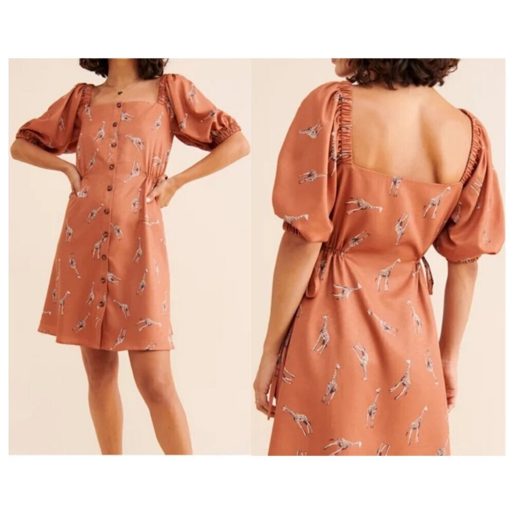 Hutch x Anthropologie Brown puff sleeve Giraffe Print Mini Dress 20757